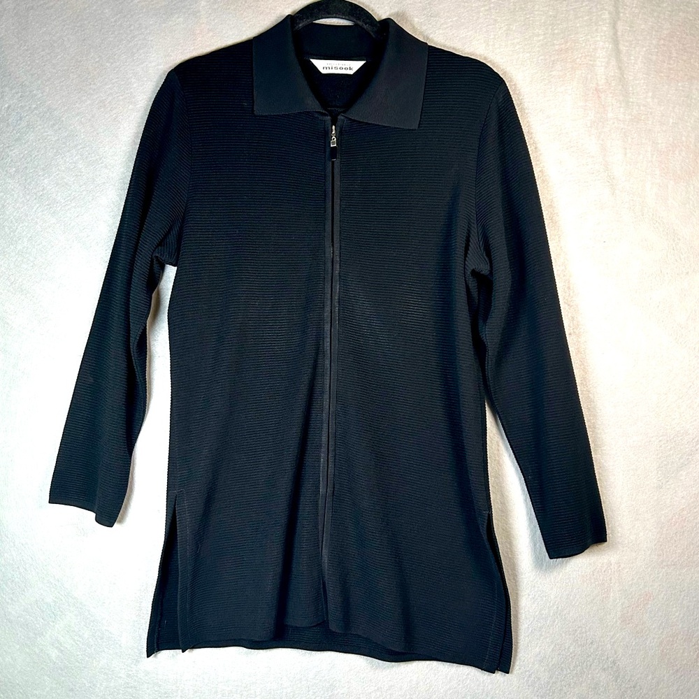 Misook Black Ribbed Cardigan with Zipper Hip-length Lightweight Women’s Sz Large